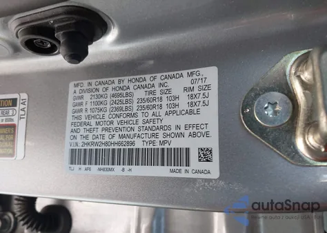 2017 Honda Cr-V Ex-L/Ex-L Navi из США, поврежденный, VIN 2HKRW2H80HH662896